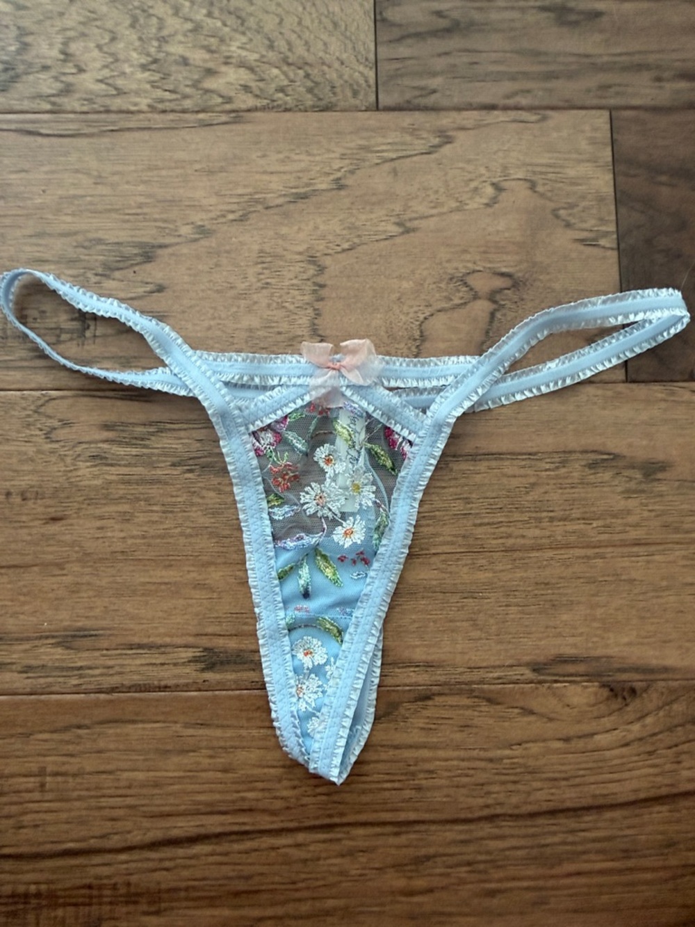 For Love And Lemons Pale Blue Floral Embroidered Thong with Pink Bow NWOT